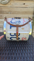 Upcyceld California License Plate Barel Purse-Handmade Vintage Cylinder Handbag with tooled Leather Strap